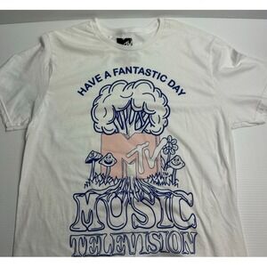 MTV Men's Short Sleeve Graphic Tee Size L Have A Fantastic Day Mushroom White